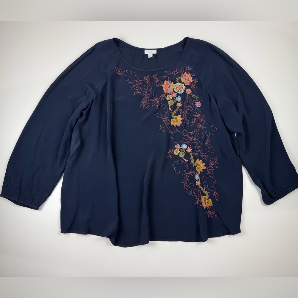 J Jill Navy Embroidered Top 3/4 Balloon Sleeve Boho Floral Flowy Viscose 2X